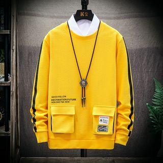 Long-sleeve Striped Letter Printed Pocket Applique Sweatshirt