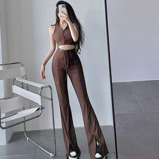 Set: Sleeveless Plain Cropped Polo-shirt + Slim-fit Boot-cut Pants