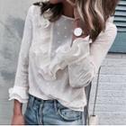 Ruffle Trim Embroidered Long-sleeve Blouse