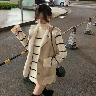 Faux Shearling Buttoned Vest / Striped Sweater
