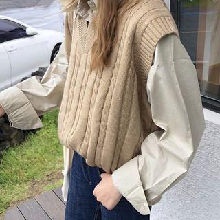 Plain Cable-knit V-neck Vest Khaki - One Size