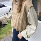 Plain Cable-knit V-neck Vest Khaki - One Size