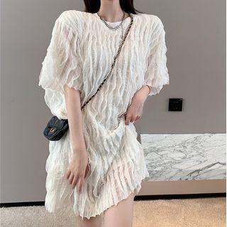 Short-sleeve Textured Mini Dress White - One Size