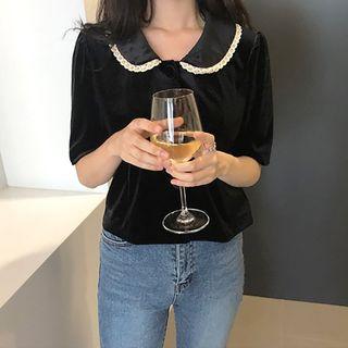 Lace Trim Short-sleeve Blouse Black - One Size