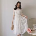 Elbow-sleeve Embroidered Frill Trim A-line Midi Dress White - One Size