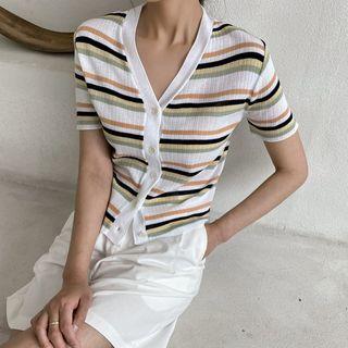 Multicolor-stripe Ribbed Cardigan