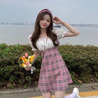 Mock Two-piece Off-shoulder Plaid Dress / Mock Two-piece Puff-sleeve Plaid Blouse / A-line Skirt / Set