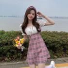 Mock Two-piece Off-shoulder Plaid Dress / Mock Two-piece Puff-sleeve Plaid Blouse / A-line Skirt / Set