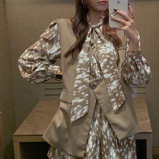 Printed Long-sleeve Mini A-line Dress / Single-breasted Vest