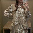Printed Long-sleeve Mini A-line Dress / Single-breasted Vest