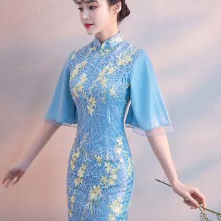 Elbow-sleeve Embroidered Qipao Sheath Dress
