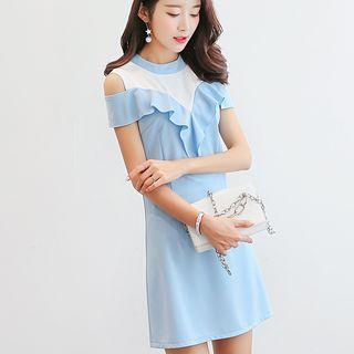 Patchwork Off-shoulder Ruffled Tunic