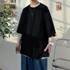 Elbow-sleeve Plain Slit T-shirt