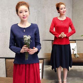 Long-sleeve Keyhole-front Top