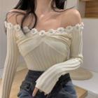Long-sleeve Off-shoulder Floral-accent Knit Top Off-white - One Size