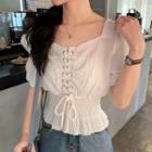 Puff-sleeve Lace-up Frill Trim Crop Top