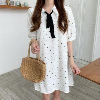 Elbow-sleeve Tie-neck Polka Dot Dress