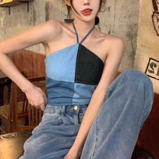Sleeveless Color-block Halter Top Blue - One Size