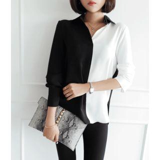 Open-placket Color-block Blouse Black - One Size