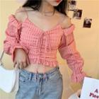 Plaid Cold-shoulder Bell-sleeve Cropped Blouse