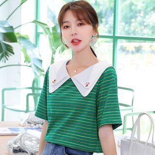 Short-sleeve Striped Doll-collar Top