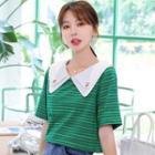 Short-sleeve Striped Doll-collar Top