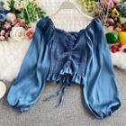 Puff-sleeve Drawstring Chiffon Crop Top