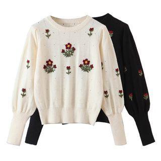 Lantern-sleeve Floral Embroidered Knit Top