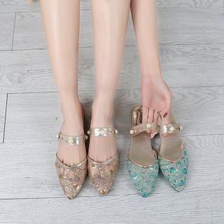 Floral Embroidered Faux Pearl Strap Mules