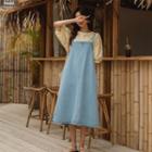 Square-neck Denim Long Overall Dress Light Blue - One Size