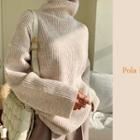 Turtleneck Rib-knit Sweater Light Beige - One Size