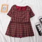 Plaid Short-sleeve Cropped Blouse / Mini A-line Pleated Skirt