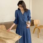 V-neck Tie-back Pleated Long Denim Dress