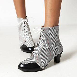 Plaid Panel Chunky Heel Short Boots