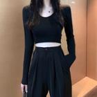 Plain Cropped Jacket / Plain Cropped T-shirt / High-waist Wide-leg Pants