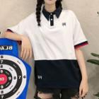 Letter Embroidered Contrast Trim Elbow-sleeve Polo Shirt