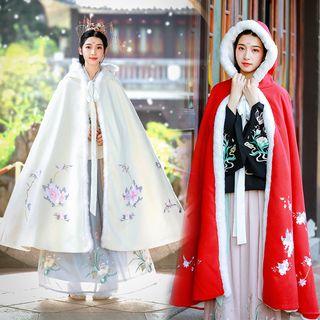 Floral Embroidered Furry Trim Hooded Cape