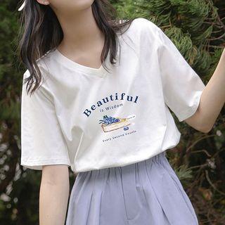 Short-sleeve V-neck Blueberry Cake Print T-shirt