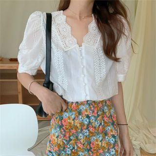 Puff-sleeve Eyelet Lace Buttoned Top