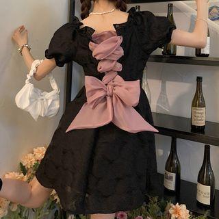 Puff-sleeve Lace Up Bow Back Mini A-line Dress