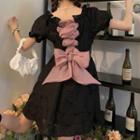 Puff-sleeve Lace Up Bow Back Mini A-line Dress