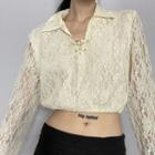 Plain Lace Tie Front See Through Long Sleeve Top