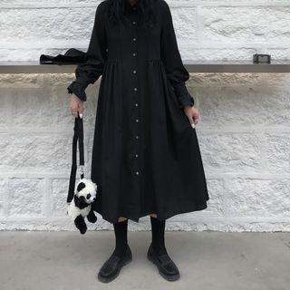Lantern-sleeve Midi A-line Shirtdress Black - One Size