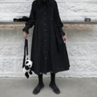 Lantern-sleeve Midi A-line Shirtdress Black - One Size