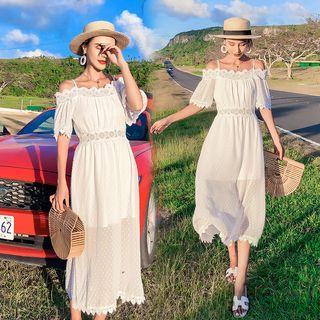 Cold-shoulder Short-sleeve Lace Trim Midi A-line Dress