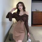 Mock Two-piece Cold-shoulder Drawstring Dress