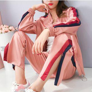 Set: Contrast Trim Zip Jacket + Drawstring Pants