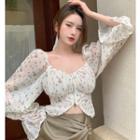 Long-sleeve Floral Print Cropped Blouse / Plain Midi Skirt