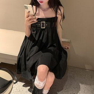Sleeveless Plain Pleated Mini A-line Dress Black - One Size