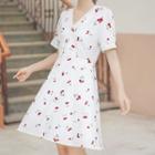 Short-sleeve V-neck Cherry Print A-line Chiffon Dress